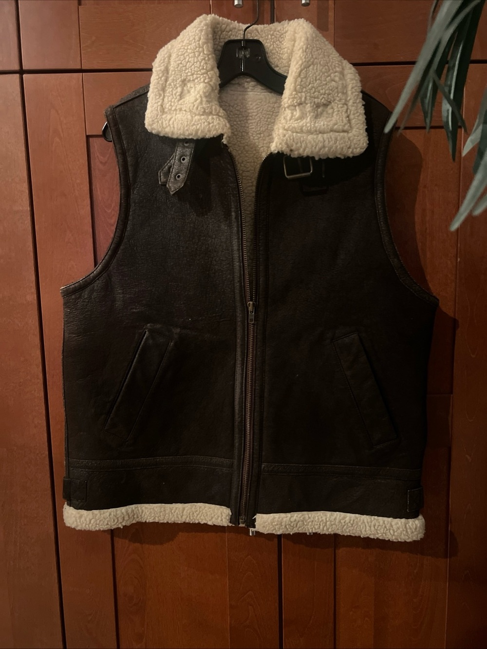 Vintage Brown Leather Shearling Bomber B3 Aviator Vest Jacket Size M